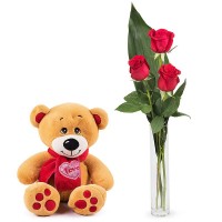 First Love: 3 red roses and a teddy 